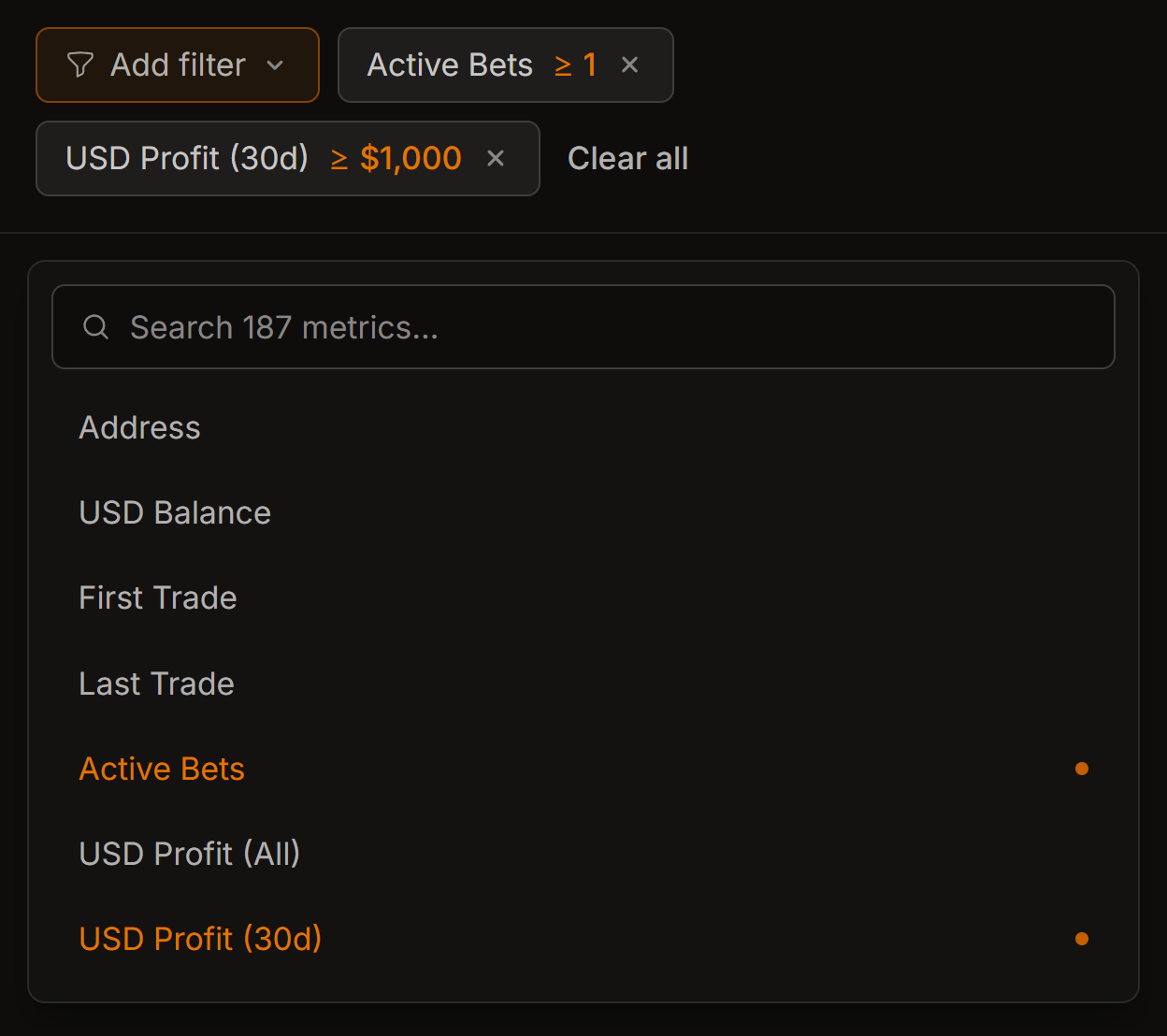 Polymarket wallet filters - the active-filters bar, each condition an editable chip
