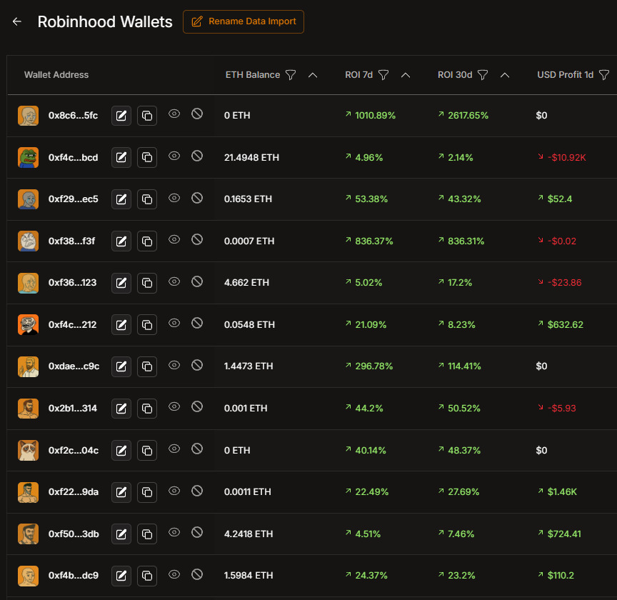 Robinhood Chain wallets in Wallet Master Data Import, with ETH balance, ROI and profit columns